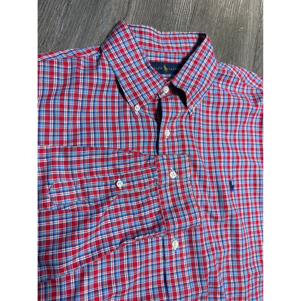 Ralph Lauren Mens XL Plaid Button Down Shirt Red Blue White Long Sleeve Pony